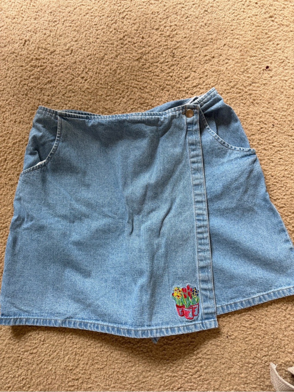 Vintage Cherokee Light Blue Denim Wrap Mini Skort with Floral Embroidery